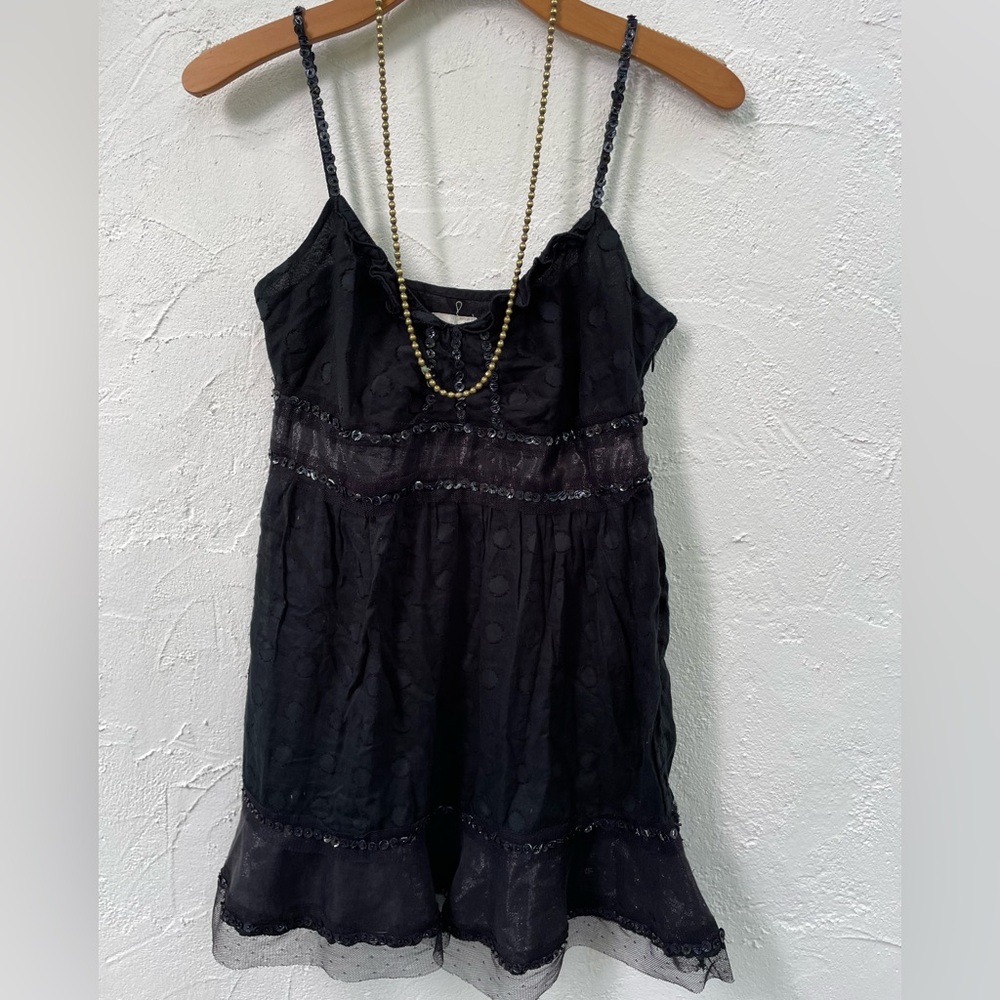 Free People Used Chic Black Sleeveless Long Tank Top / Sequins & Tulle/ Size 6